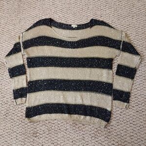 I.C.U. Women's Sequin Striped Pull Over Size L Open Knit Sweater Gold Black